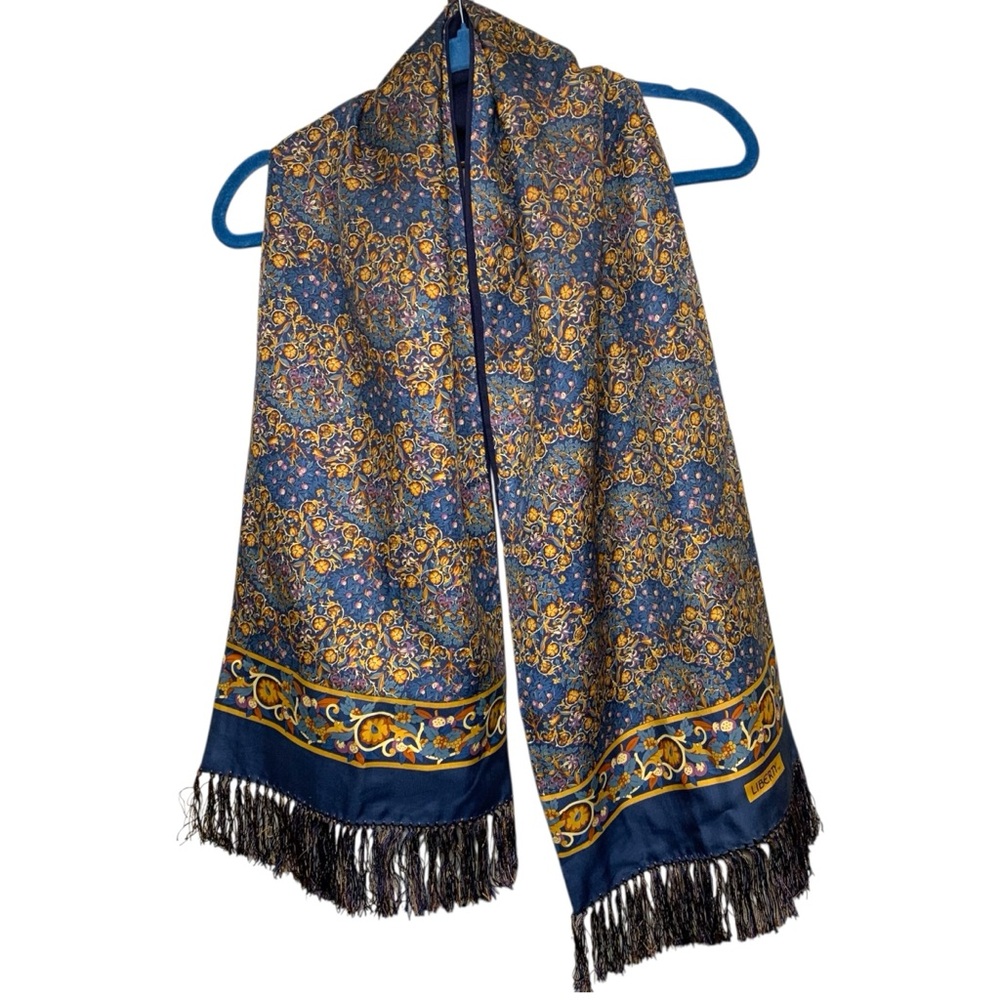 Vintage Liberty Silk Floral Scarf Wool Navy Blue Reverse Brown Botanical Fringes